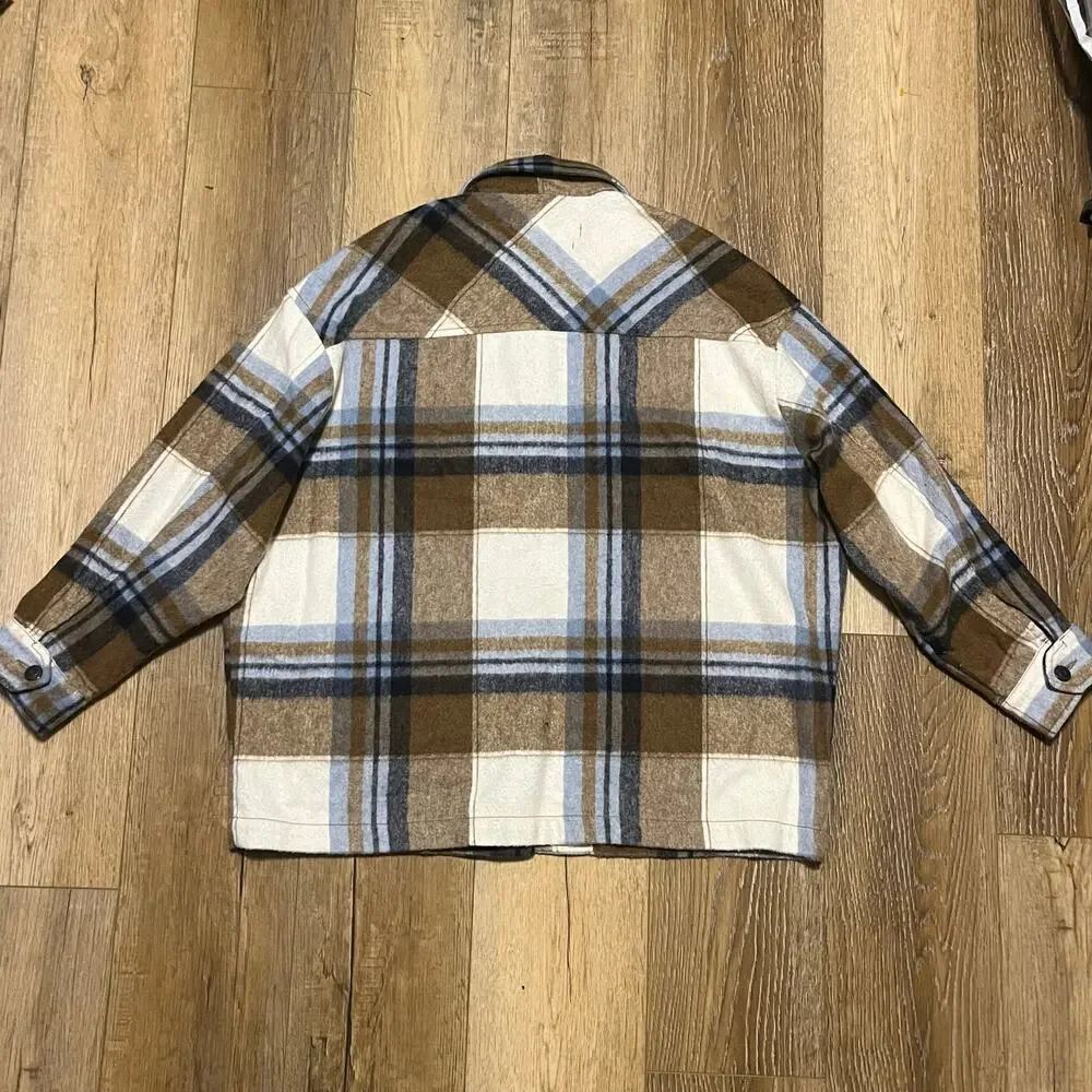ZARA Oversized Plaid Shaket Jacket L Italian Wool Fabric Blue Brown Grunge 90s - Picture 5 of 7